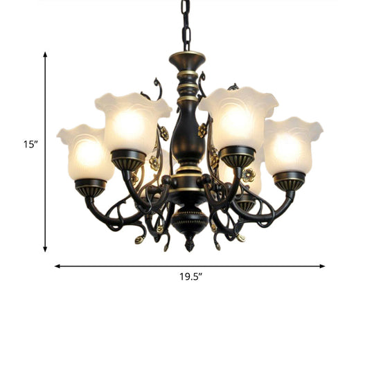 Frosted Textured Glass Hanging Chandelier - Traditional Flared Pendant Light In Black/White (3/5/6