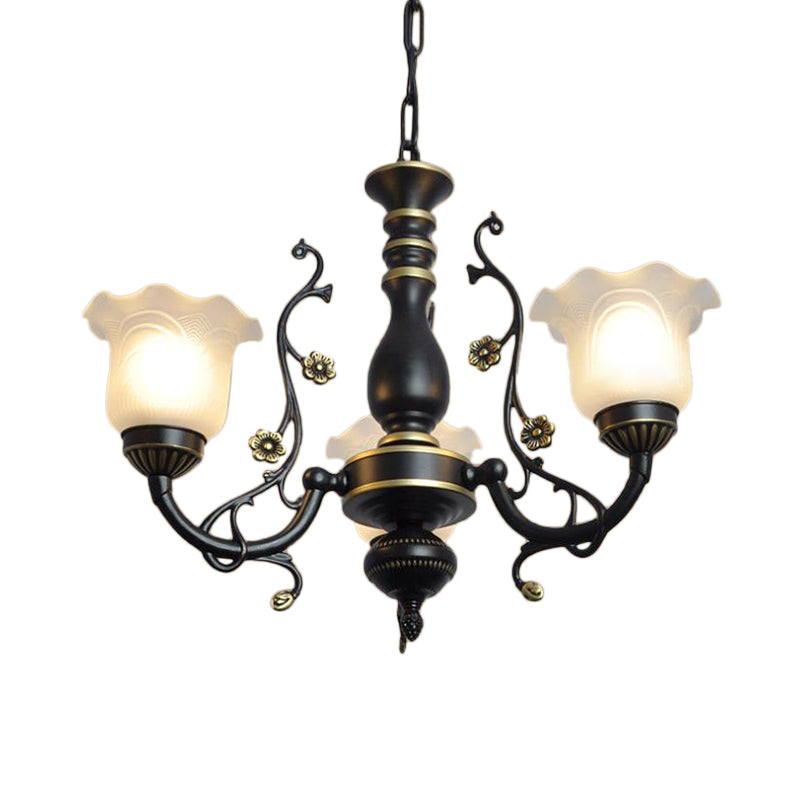 Frosted Textured Glass Hanging Chandelier - Traditional Flared Pendant Light In Black/White (3/5/6