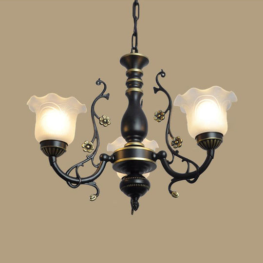 Frosted Textured Glass Hanging Chandelier - Traditional Flared Pendant Light In Black/White (3/5/6