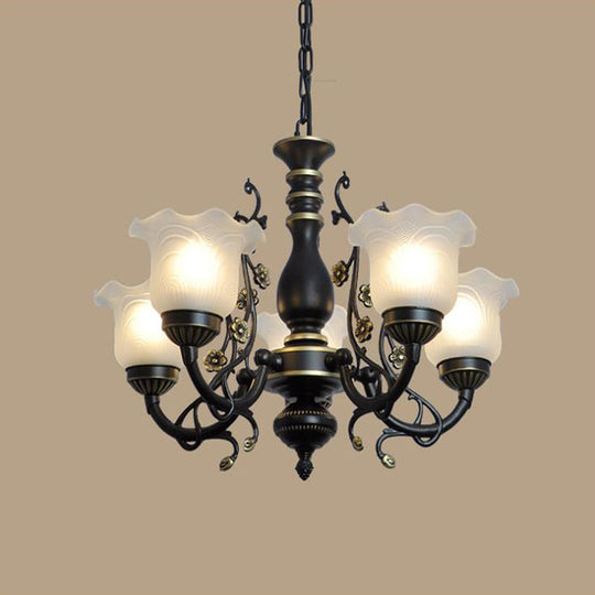 Frosted Textured Glass Hanging Chandelier - Traditional Flared Pendant Light In Black/White (3/5/6