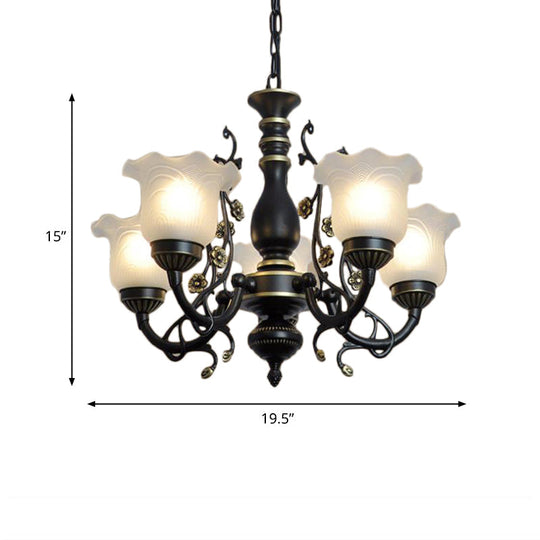 Frosted Textured Glass Hanging Chandelier - Traditional Flared Pendant Light In Black/White (3/5/6