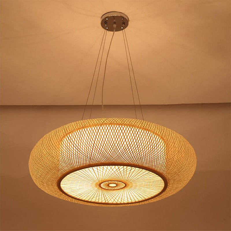 Curved Bamboo Drum Pendant Light, 2/3 Bulbs, 18"/23.5" Wide, Wood Ceiling Hanging Tradition Lighting