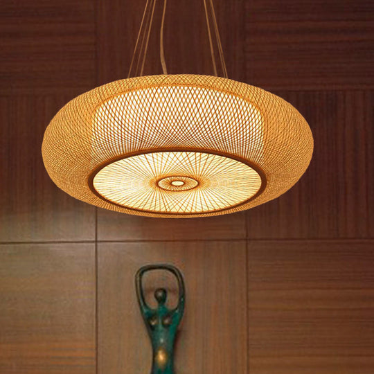 Curved Bamboo Drum Pendant Light, 2/3 Bulbs, 18"/23.5" Wide, Wood Ceiling Hanging Tradition Lighting