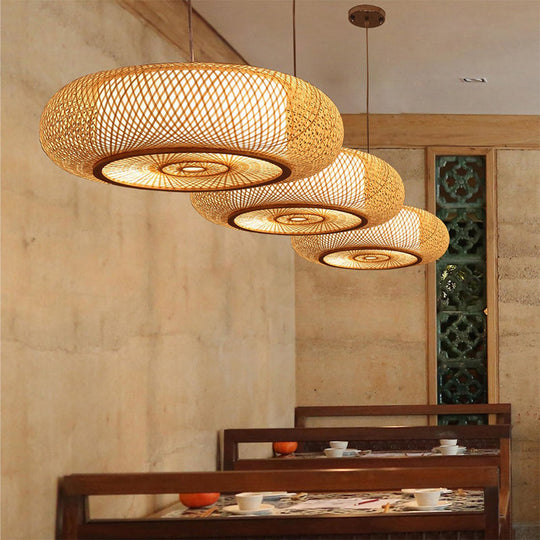 Curved Bamboo Drum Pendant Light, 2/3 Bulbs, 18"/23.5" Wide, Wood Ceiling Hanging Tradition Lighting