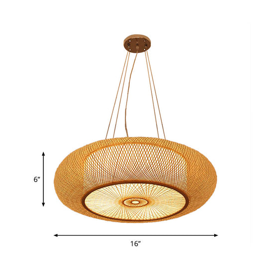 Curved Bamboo Drum Pendant Light, 2/3 Bulbs, 18"/23.5" Wide, Wood Ceiling Hanging Tradition Lighting