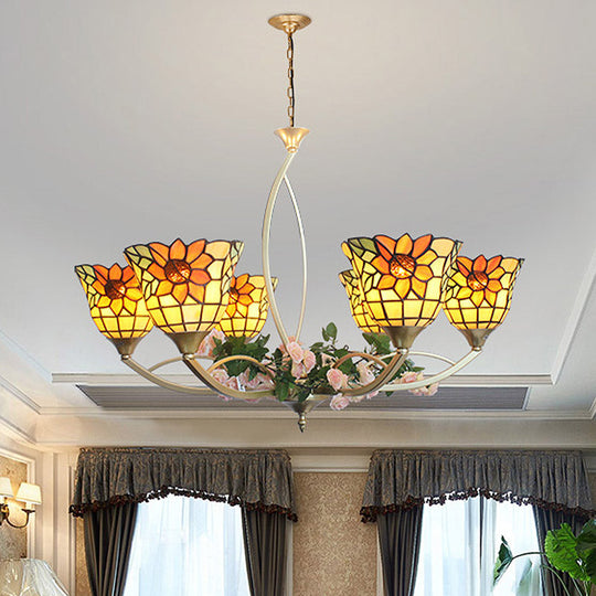 Tiffany Sunflower/Leaf Chandelier Light Fixture - 6/8 Lights, White/Orange for Living Room