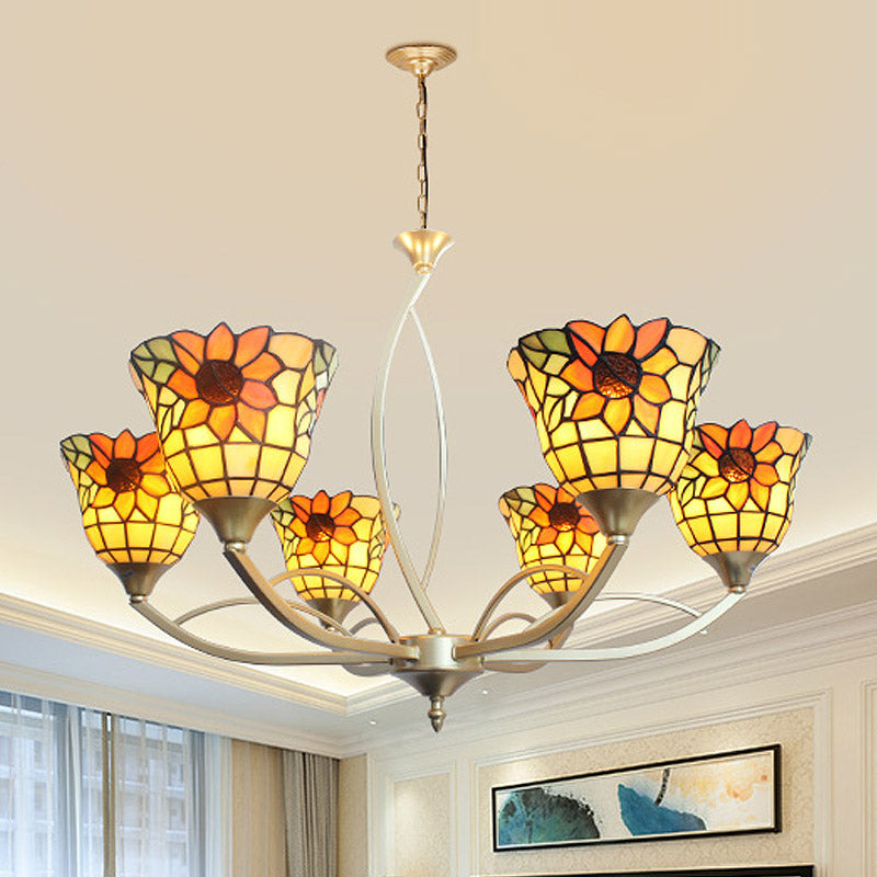 Tiffany Sunflower/Leaf Chandelier Light Fixture - 6/8 Lights, White/Orange for Living Room