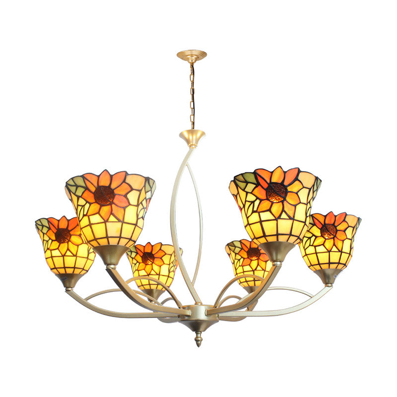 Tiffany Sunflower/Leaf Chandelier Light Fixture - 6/8 Lights, White/Orange for Living Room