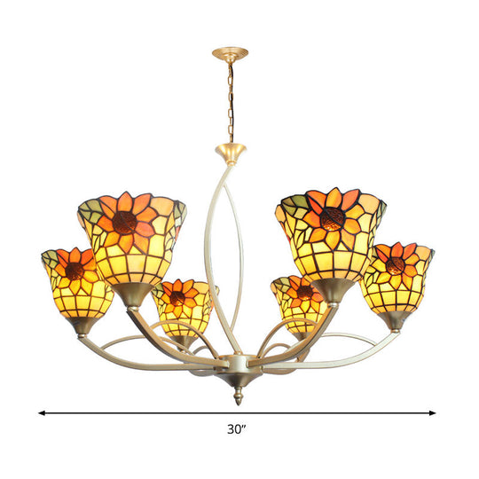 Tiffany Sunflower/Leaf Chandelier Light Fixture - 6/8 Lights, White/Orange for Living Room