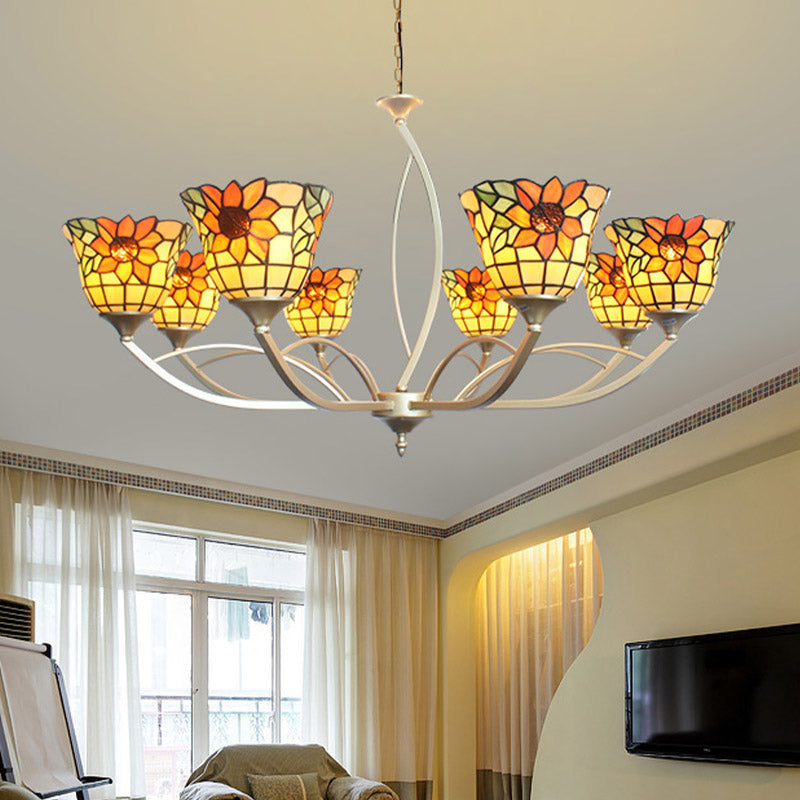 Tiffany Sunflower/Leaf Chandelier Light Fixture - 6/8 Lights, White/Orange for Living Room