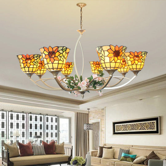 Tiffany Sunflower/Leaf Chandelier Light Fixture - 6/8 Lights, White/Orange for Living Room