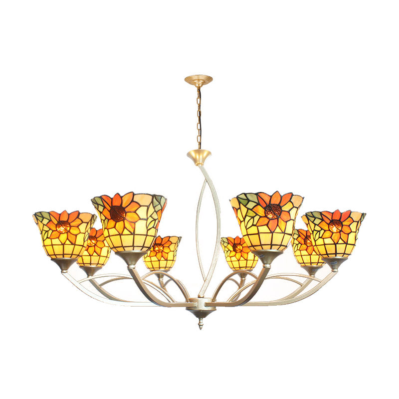 Tiffany Sunflower/Leaf Chandelier Light Fixture - White/Orange 6/8 Lights Ideal For Living Room