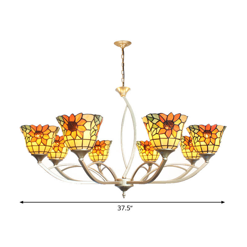 Tiffany Sunflower/Leaf Chandelier Light Fixture - 6/8 Lights, White/Orange for Living Room