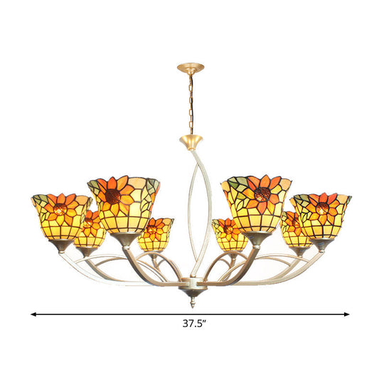 Tiffany Sunflower/Leaf Chandelier Light Fixture - 6/8 Lights, White/Orange for Living Room