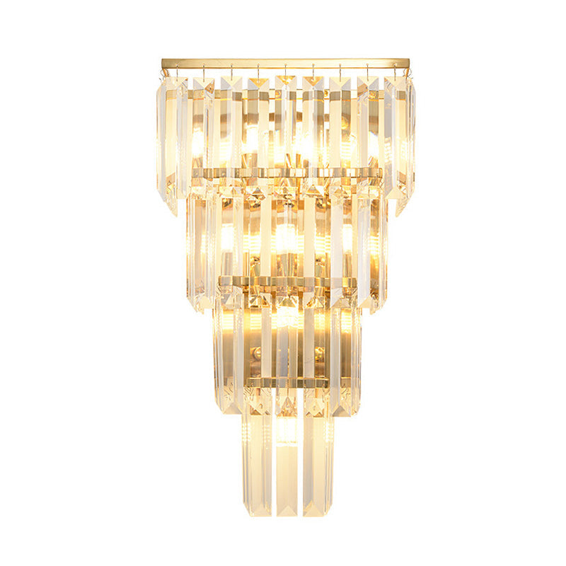 Traditional Wall Sconce With Layered Crystal Block Shade - 4/7 Heads Gold Finish