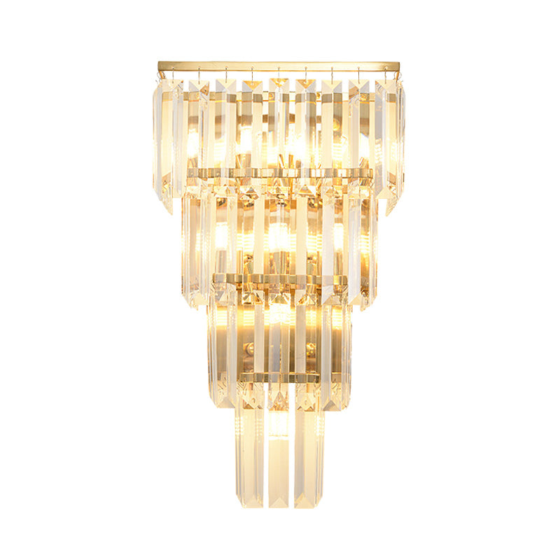 Traditional Wall Sconce With Layered Crystal Block Shade - 4/7 Heads Gold Finish