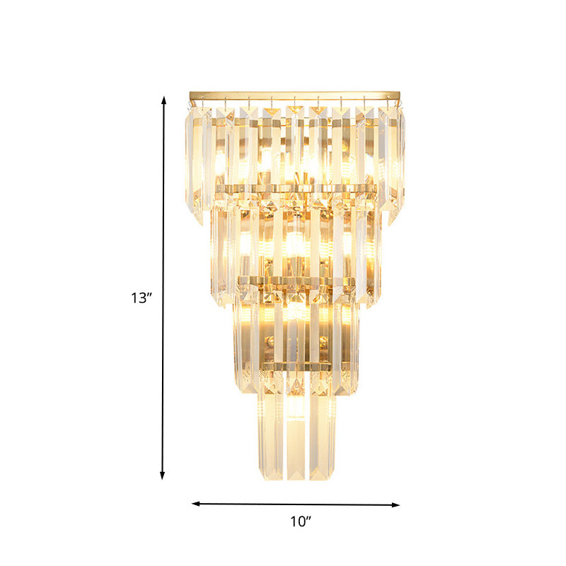 Traditional Wall Sconce With Layered Crystal Block Shade - 4/7 Heads Gold Finish