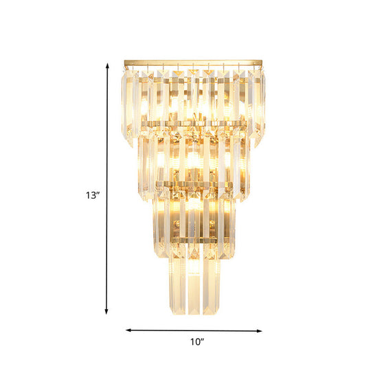 Traditional Wall Sconce With Layered Crystal Block Shade - 4/7 Heads Gold Finish