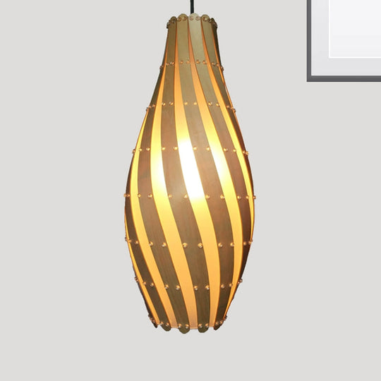 Wooden Pendant Lamp with Beige Shade - 1 Bulb, 8"/12" Wide - Ceiling Hanging Light for Restaurants