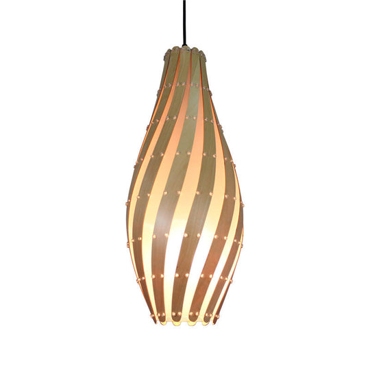 Wooden Pendant Lamp with Beige Shade - 1 Bulb, 8"/12" Wide - Ceiling Hanging Light for Restaurants