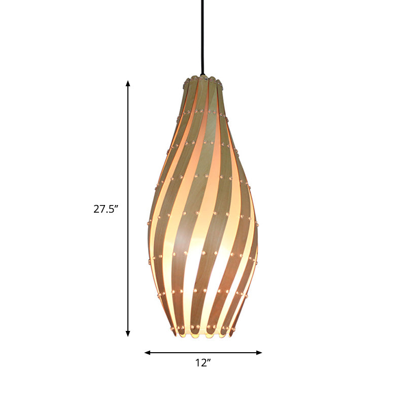 Wooden Pendant Lamp with Beige Shade - 1 Bulb, 8"/12" Wide - Ceiling Hanging Light for Restaurants