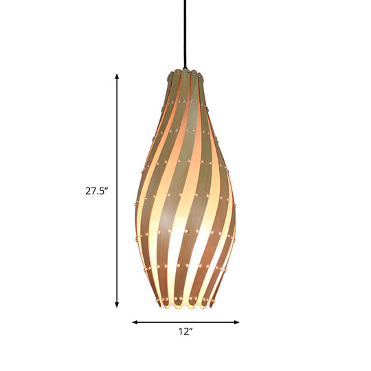 Wooden Pendant Lamp with Beige Shade - 1 Bulb, 8"/12" Wide - Ceiling Hanging Light for Restaurants