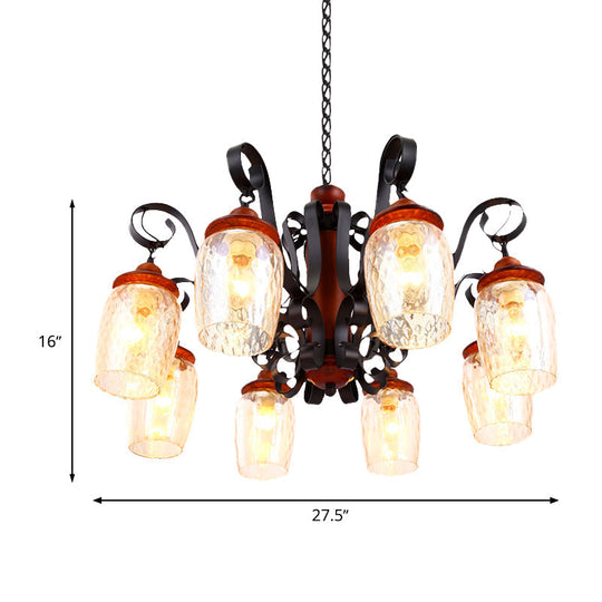 8-Light Dimple Glass Chandelier - Antiqued Black Curved Arm Ceiling Pendant For Living Room