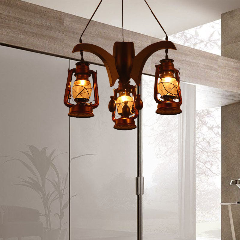 Dark Wood Industrial Kerosene Chandelier - 3-Light Clear Glass Ceiling Hanging Lamp for Living Room