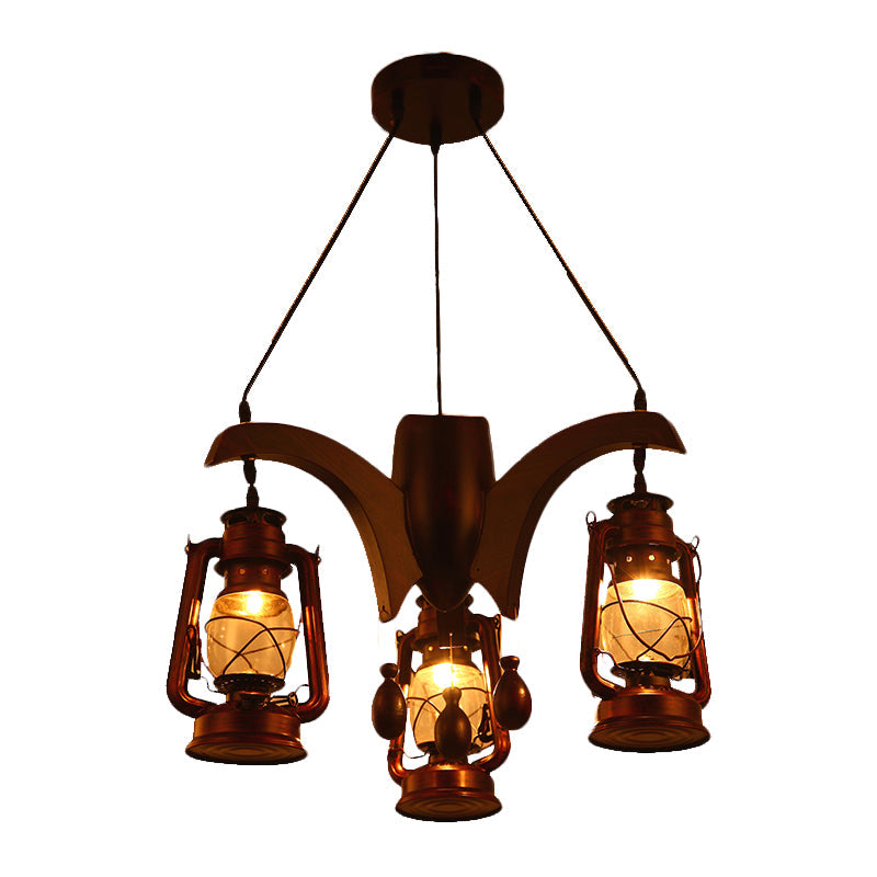 Dark Wood Industrial Kerosene Chandelier - 3-Light Clear Glass Ceiling Hanging Lamp for Living Room