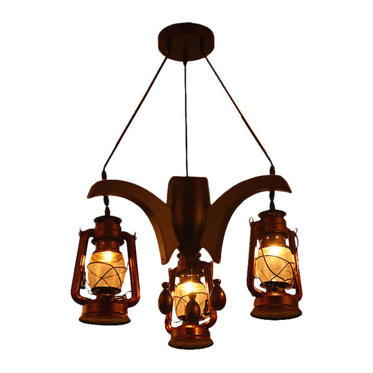 Dark Wood Industrial Kerosene Chandelier - 3-Light Clear Glass Ceiling Hanging Lamp for Living Room