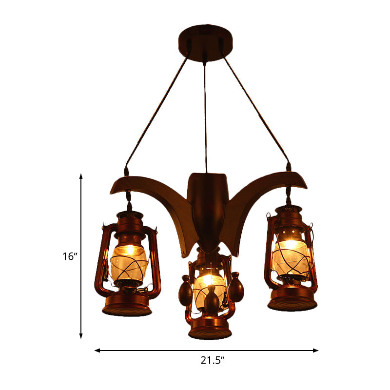 Dark Wood Industrial Kerosene Chandelier - 3-Light Clear Glass Ceiling Hanging Lamp for Living Room