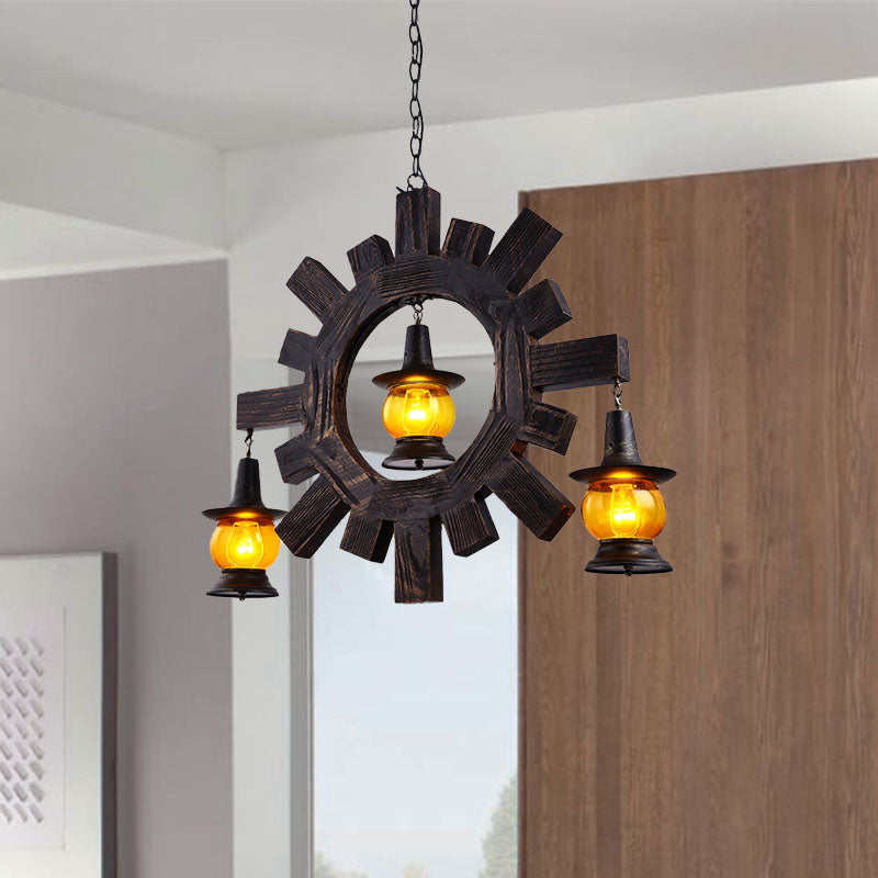 Black Kerosene Chandelier - Amber Glass, 3-Light Ceiling Fixture for Living Room