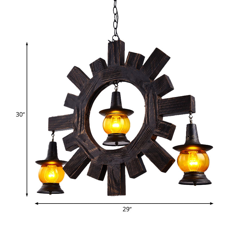 Black Kerosene Chandelier - Amber Glass, 3-Light Ceiling Fixture for Living Room