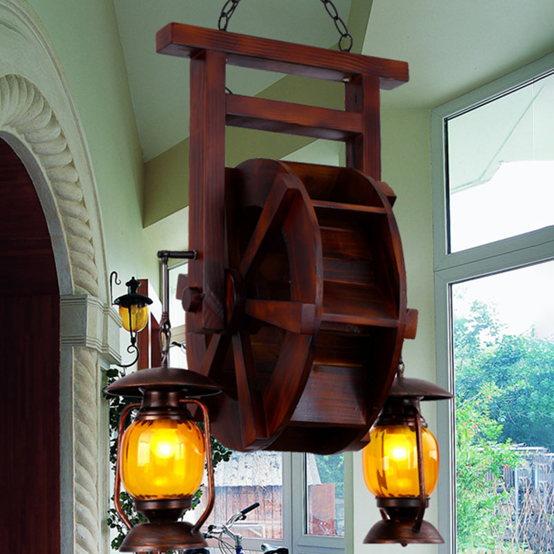 Dark Wood 3-Light Chandelier With Amber Glass Lantern - Hanging Lamp For Warehouse Lighting