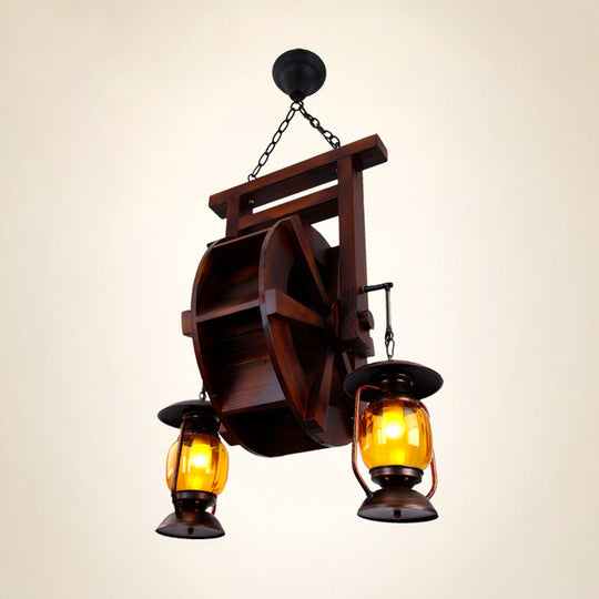 Dark Wood Chandelier with 3 Lights, Amber Glass Lantern - Warehouse Hanging Lamp Kit