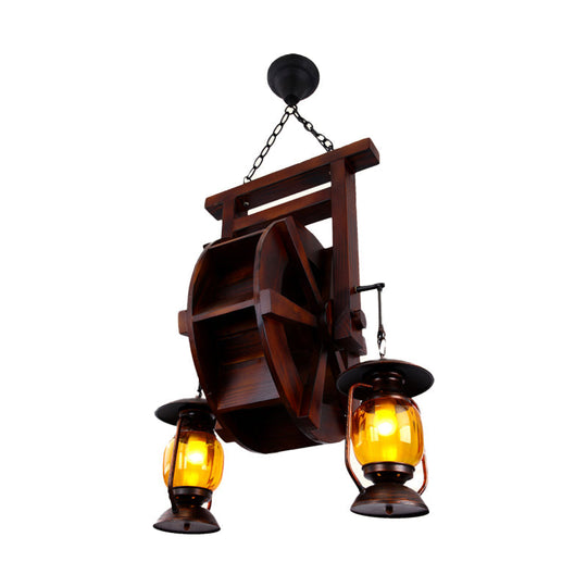 Dark Wood Chandelier with 3 Lights, Amber Glass Lantern - Warehouse Hanging Lamp Kit