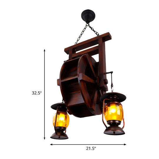 Dark Wood Chandelier with 3 Lights, Amber Glass Lantern - Warehouse Hanging Lamp Kit