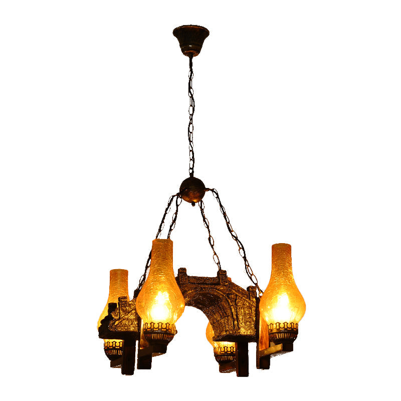 Vintage Amber Crackle Glass Kitchen Chandelier Pendant Light - Bronze 4-Light Drop Lamp