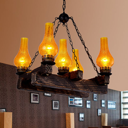 Amber Crackle Glass Chandelier with 5 Lights - Dark Wood Restaurant Hanging Light Fixture