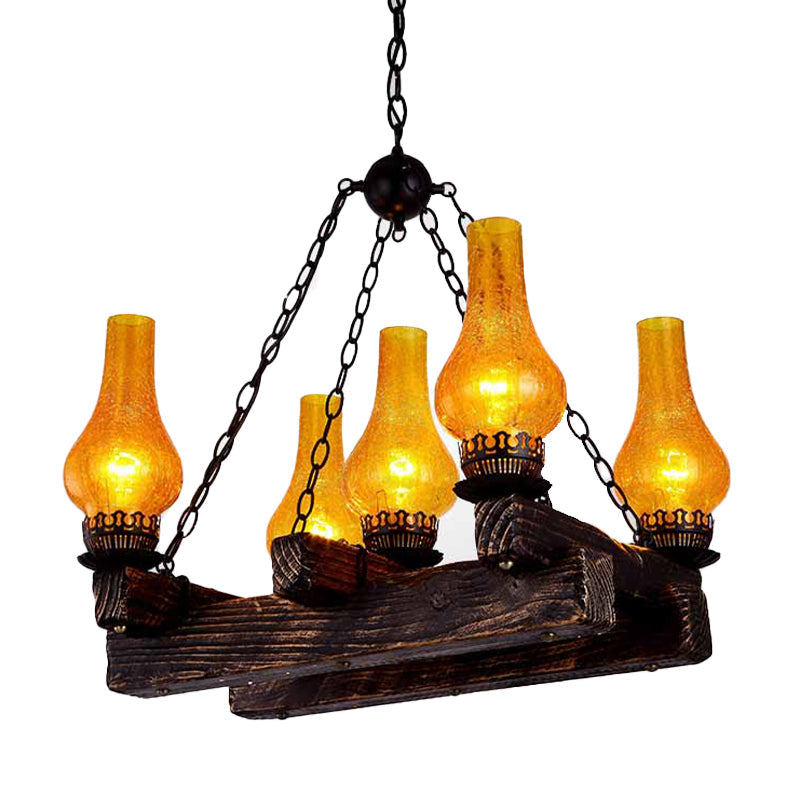 Amber Crackle Glass Chandelier with 5 Lights - Dark Wood Restaurant Hanging Light Fixture