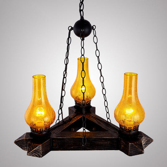 Retro Dark Wood Vase Chandelier with Amber Crackle Glass Ceiling and 3 Lights – Ideal for Restaurants