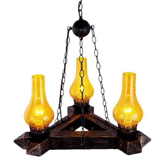 Amber Crackle Glass Ceiling Chandelier | Retro Dark Wood & Vase Design 3-Light Suspension Light For