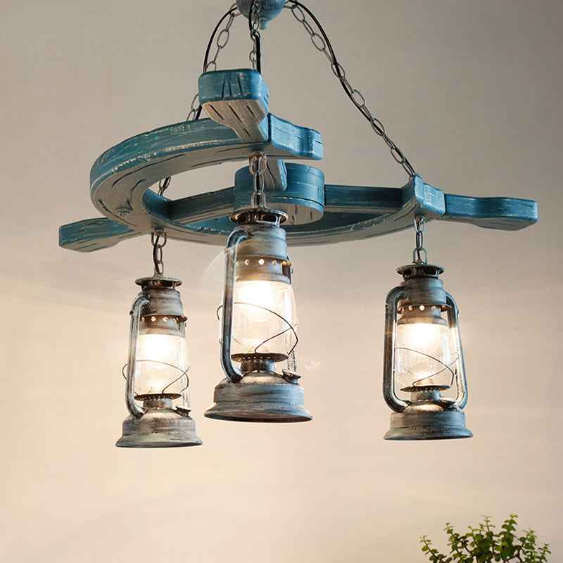 Modern 3-Light Blue Industrial Chandelier With Clear Glass Shade For Living Room