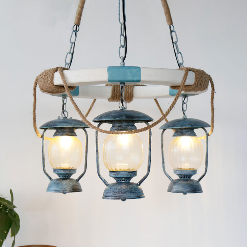 Blue Glass Lantern Chandelier - 3-Light Hanging Fixture From Lighting Factory