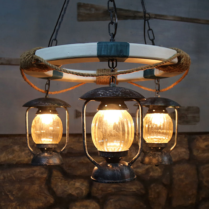 Blue Lantern Chandelier with 3 Clear Glass Lights - Hanging Light Fixture from Factory