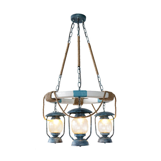 Blue Lantern Chandelier with 3 Clear Glass Lights - Hanging Light Fixture from Factory