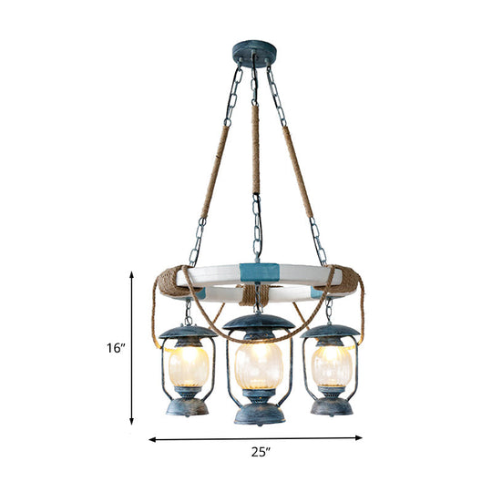 Blue Glass Lantern Chandelier - 3-Light Hanging Fixture From Lighting Factory