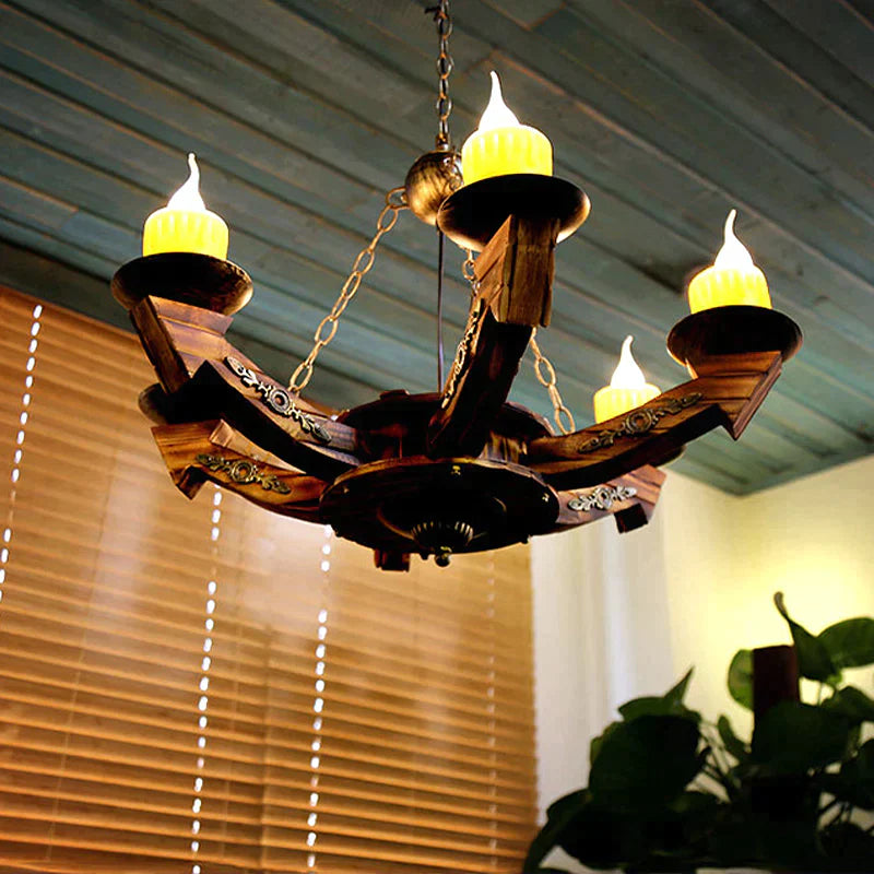 Farmhouse Chandelier With 6 Candle Lights In Dark Wood Resin - Perfect For Restaurants And More!