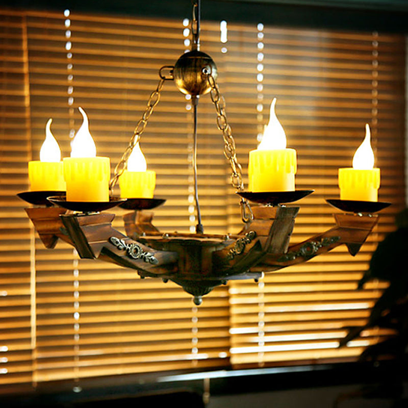 Farmhouse Chandelier With 6 Candle Lights In Dark Wood Resin - Perfect For Restaurants And More!