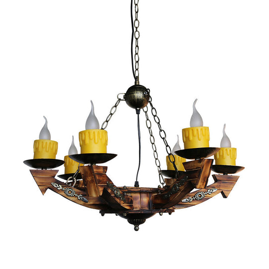 Farmhouse Chandelier With 6 Candle Lights In Dark Wood Resin - Perfect For Restaurants And More!